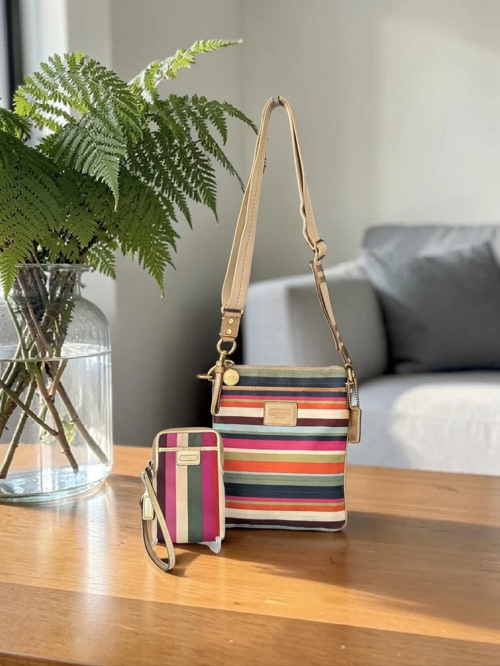 Coach Legacy Stripe Swingpack Crossbody Bag and Matching Striped Wristlet
